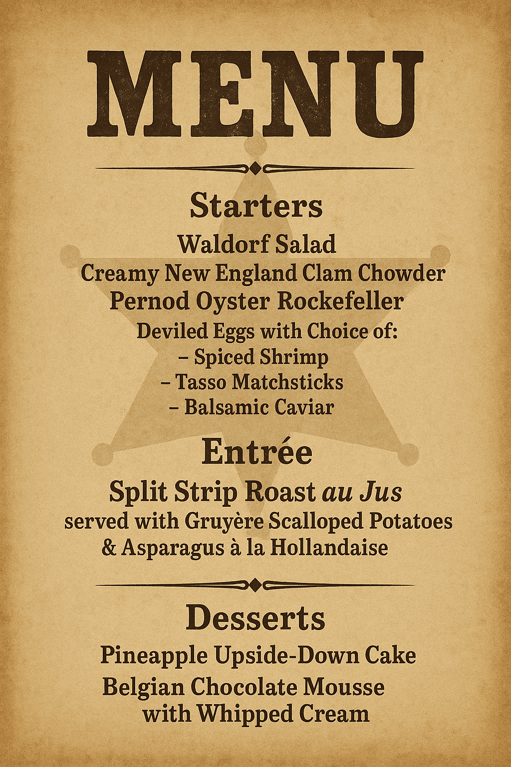 Murder Mystery Dinner Menu
